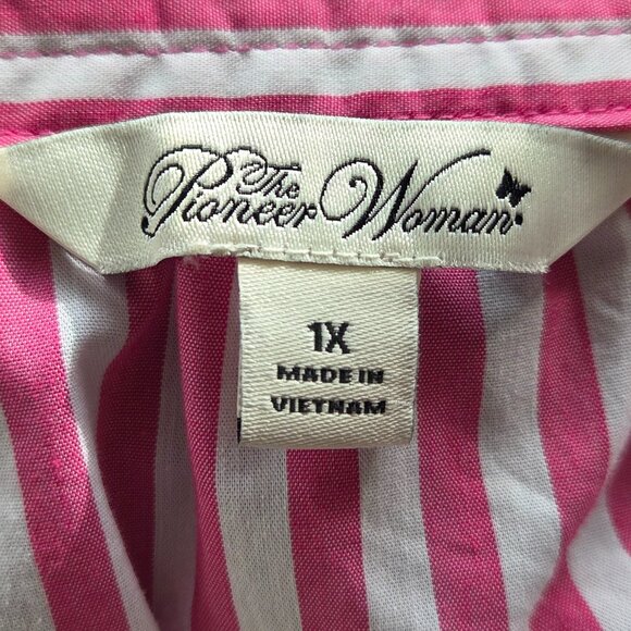 Pioneer Woman Top Plus Size 1X Pink White Striped Square Neck Smocked Sleeve - Picture 6 of 7
